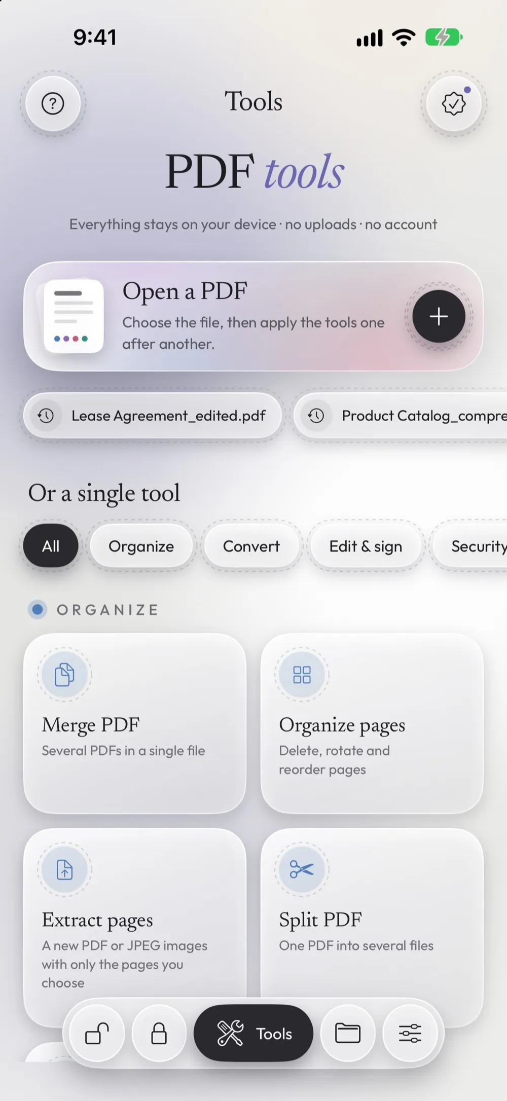 The Tools screen with Merge PDF, Organize pages, Extract pages and Split PDF